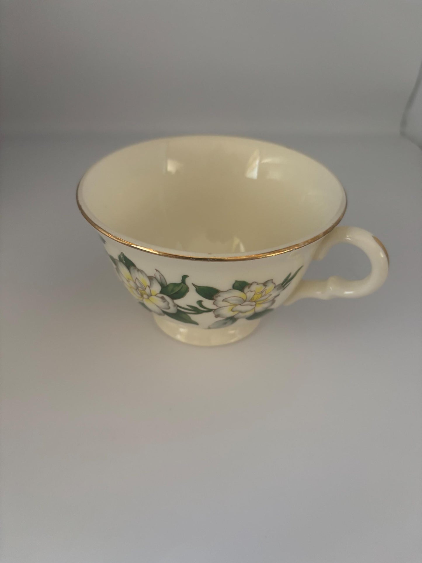 Homer Laughlin Eggshell Georgian Cotillion Teacup with Gold Trim, White Floral Magnolia Pattern