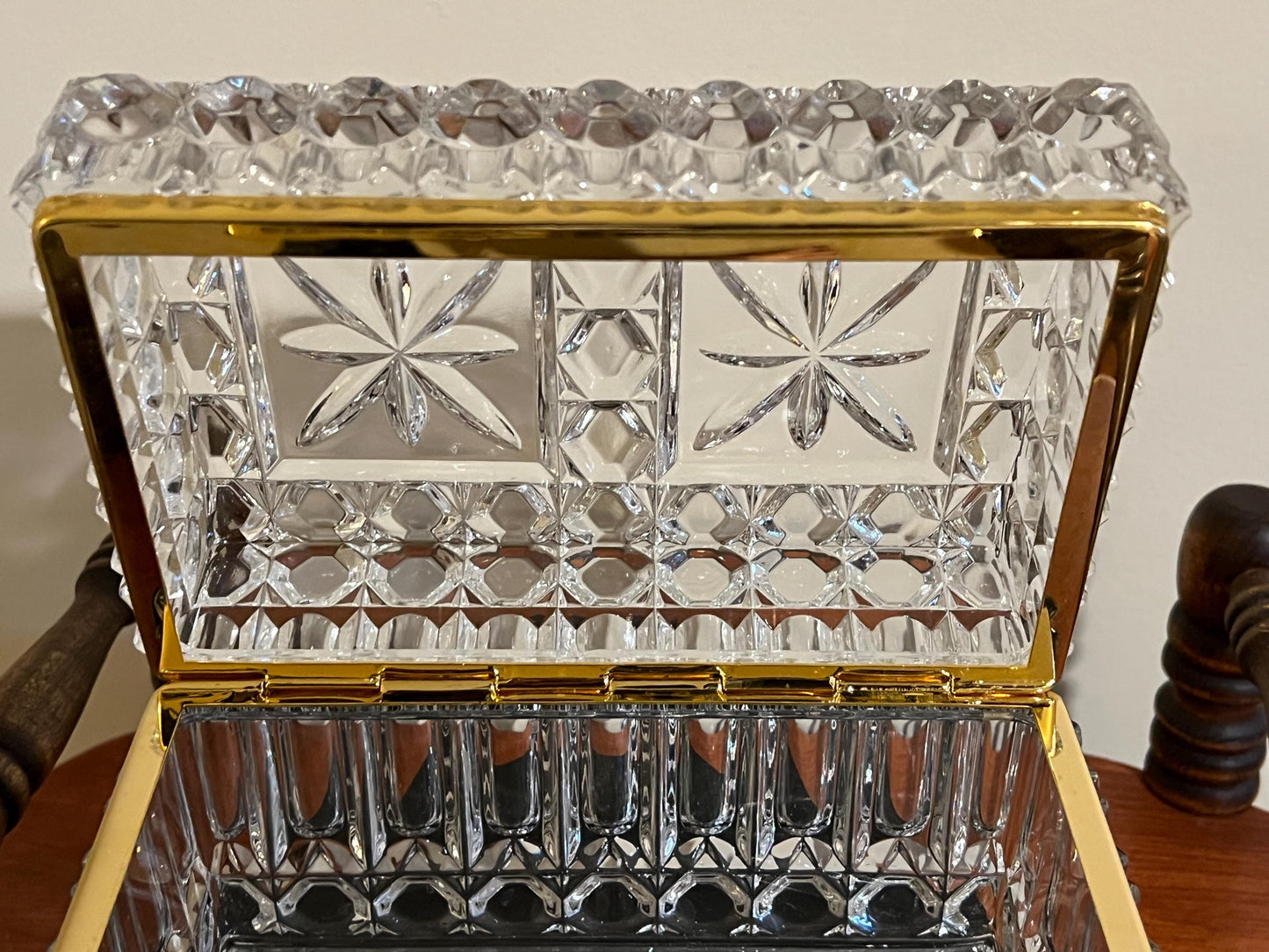 Large French Crystal Brass Jewelry Casket Box Vintage Hand Cut Lead Crystal & Brass Hinged Trinket Box Lover Antiques and Vintage