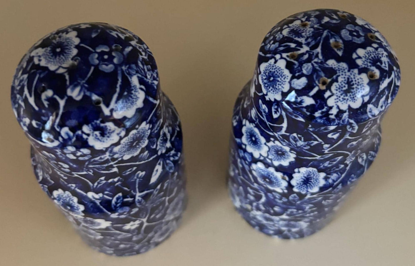 Vintage Salt & Pepper Shakers CALICO Blue Flower Royal Crownford Ironstone England Blue White Floral Transferware Burleigh Lover Antiques