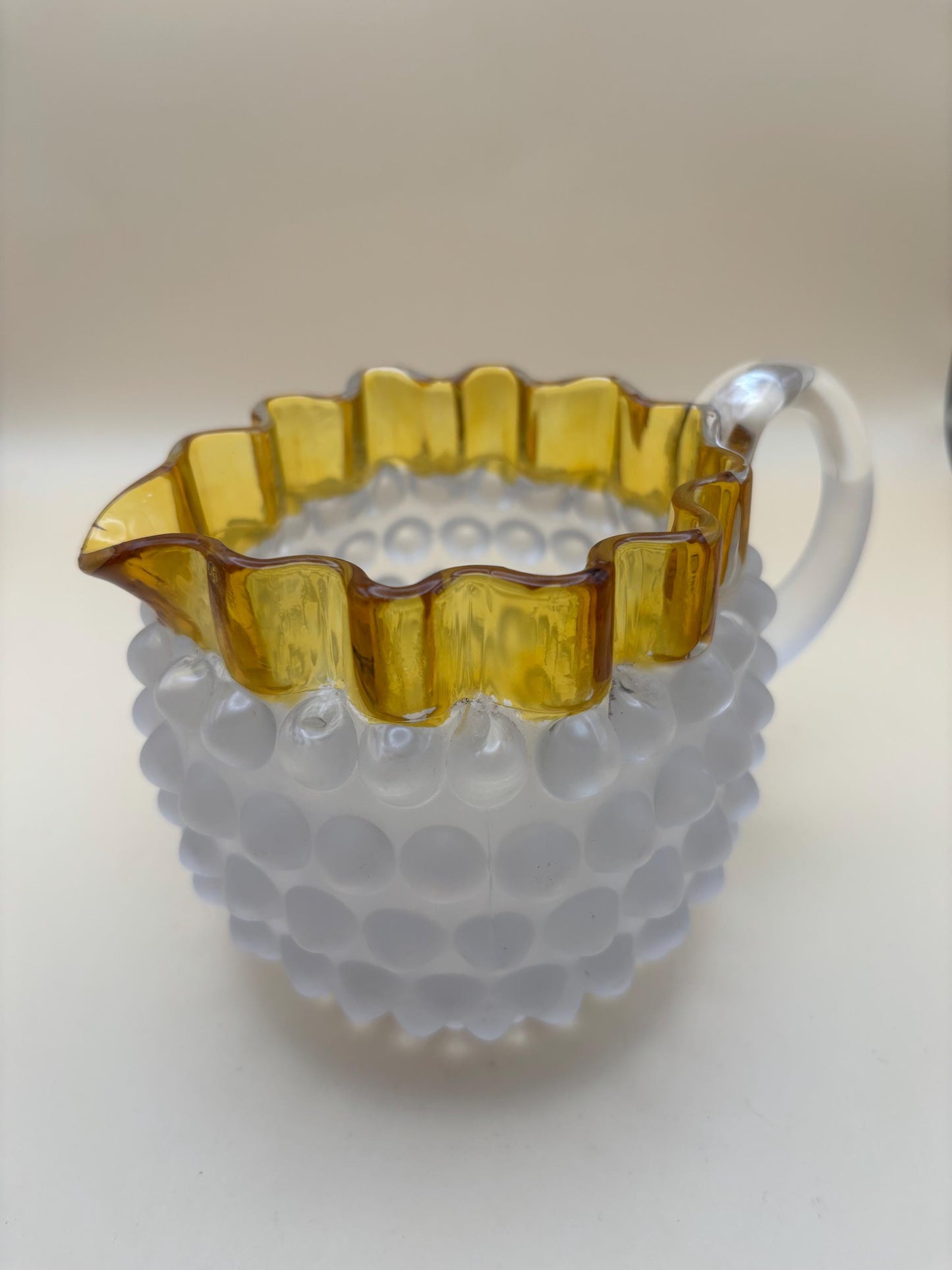 Antique Hobbs Brockunier Blue Glass Hobnail Amber Creamer | Vintage Hobnail Mini Pitcher with Amber Top, Circa 1885-1892
