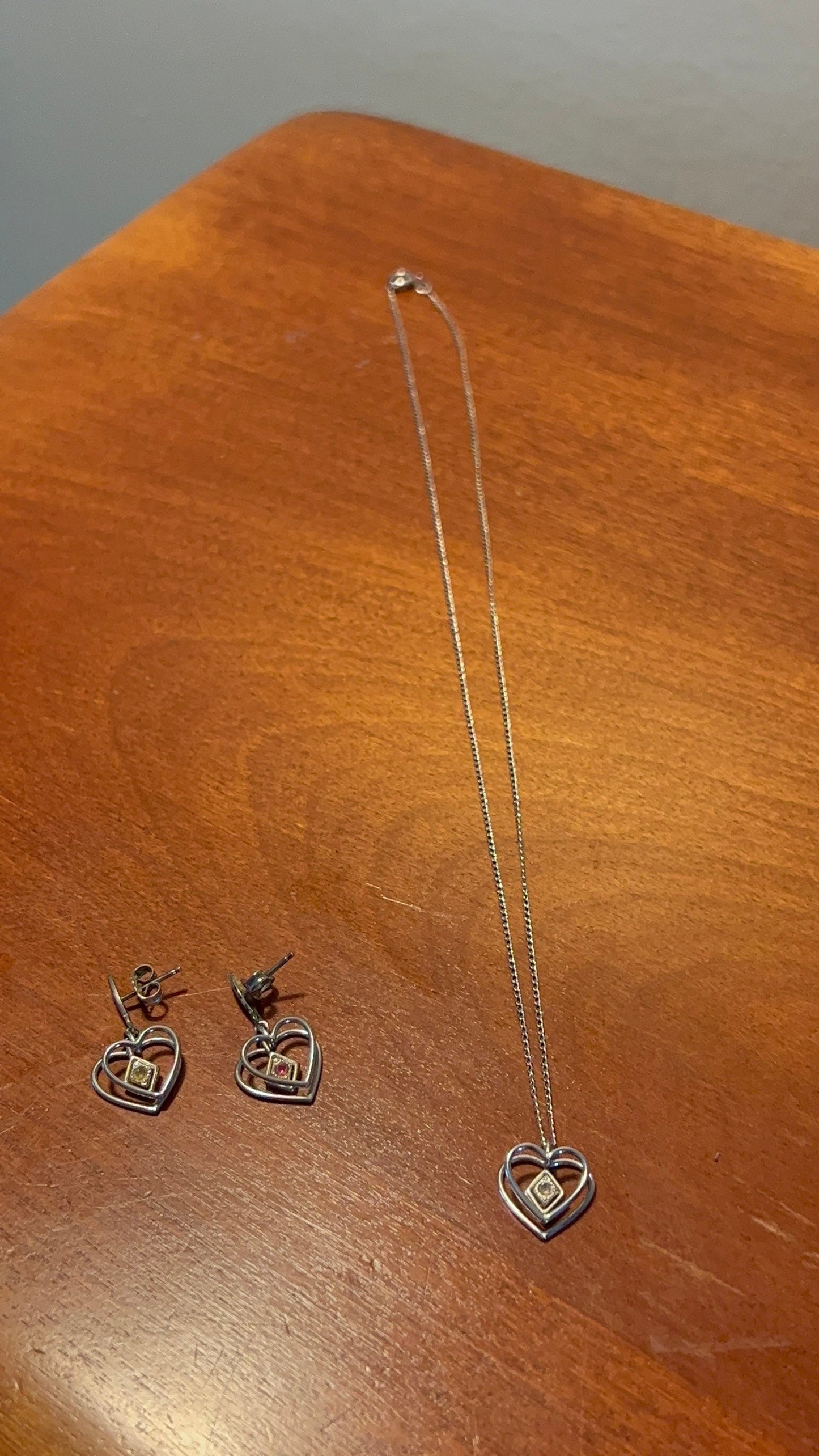 Vintage Silver Heart Earrings and Necklace Set