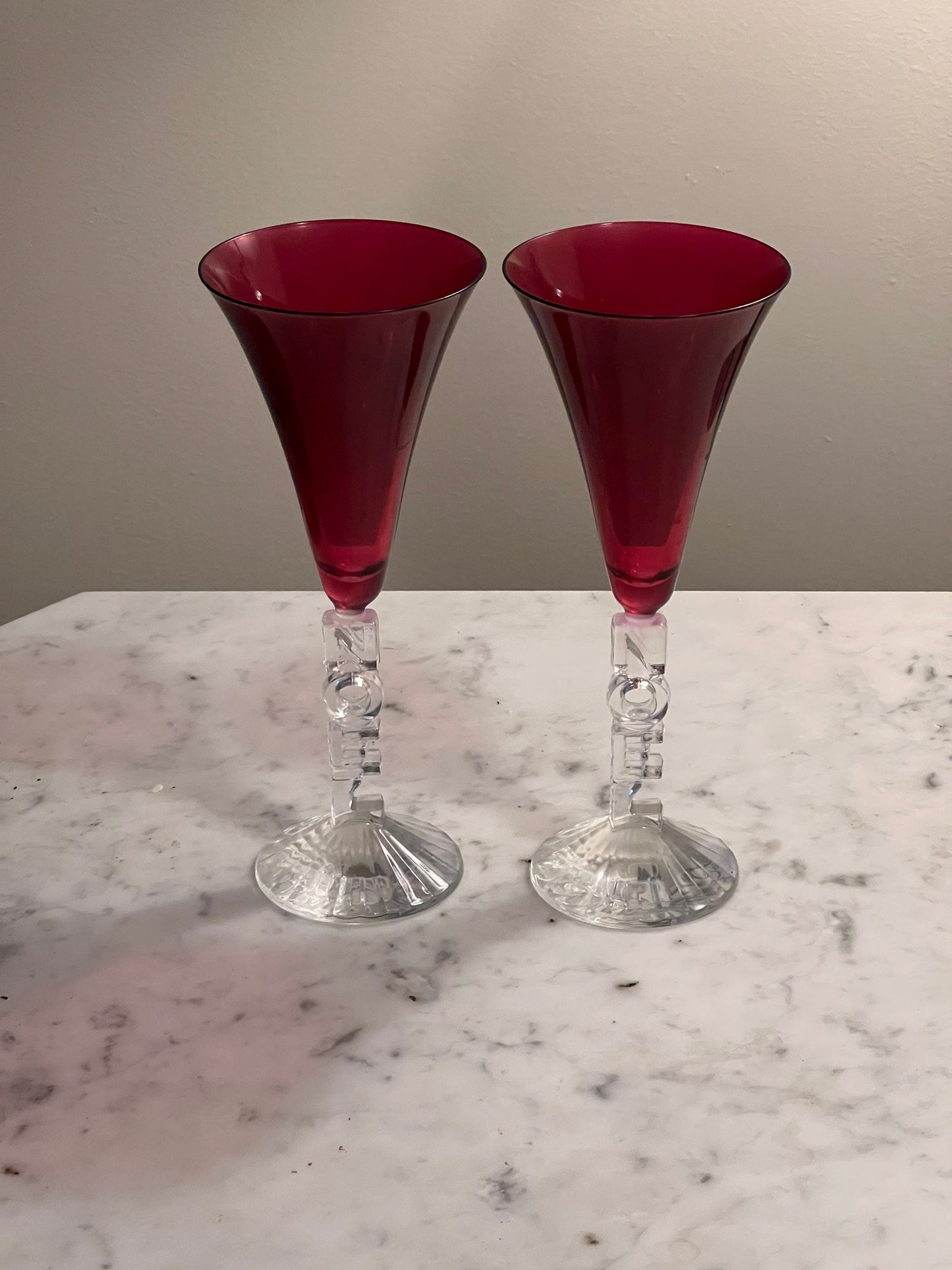 Set of 2 Cristal D’Arques Red Crystal Noel All Purpose Flutes 9.5”, Lover Antiques and Vintage