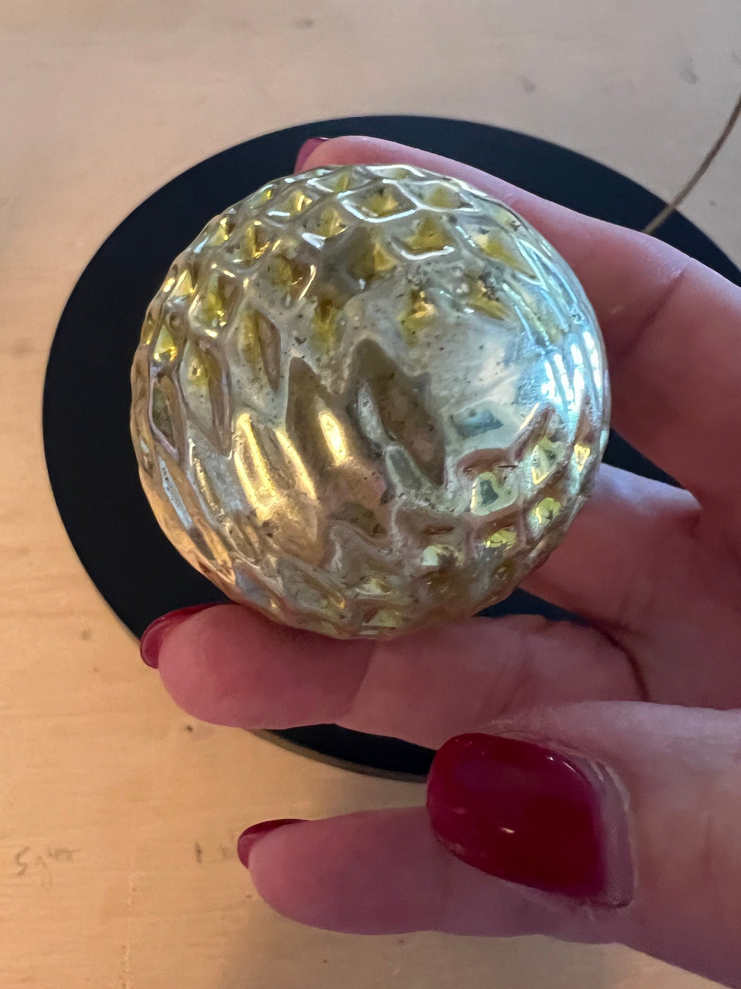 Vintage Shiny Brite Champagne Ornament: Bumpy Golf Ball, 1940s