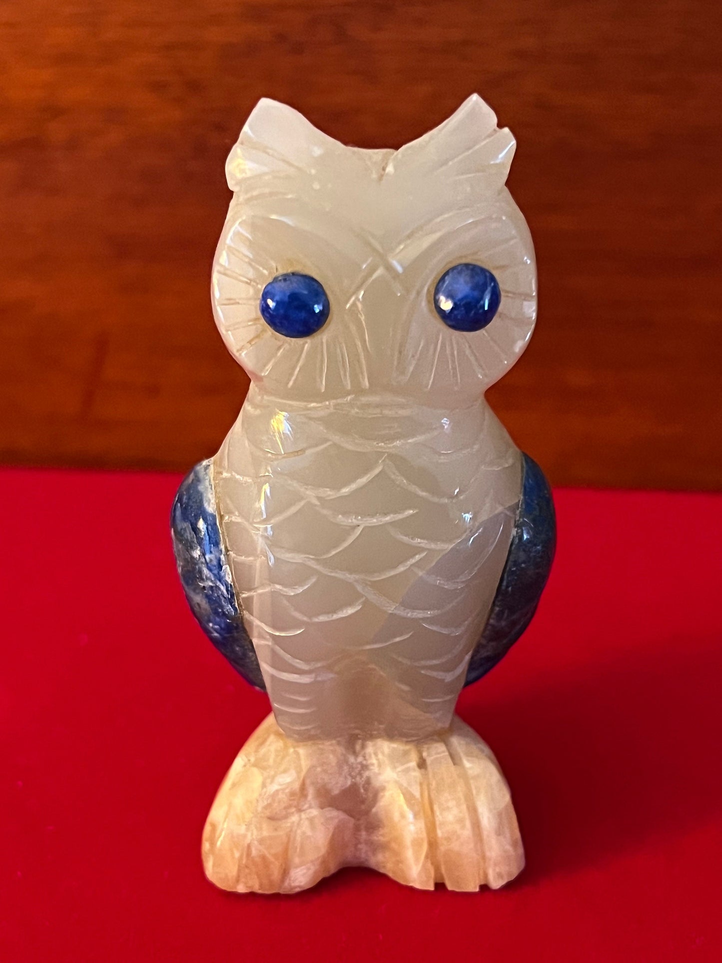Vintage Carved Quartz Owl Figurine with Blue Eyes