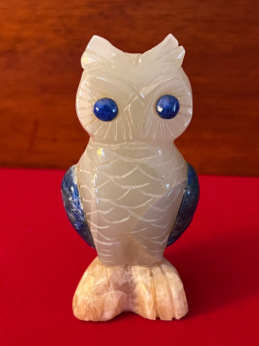 Vintage Carved Quartz Owl Figurine with Blue Eyes
