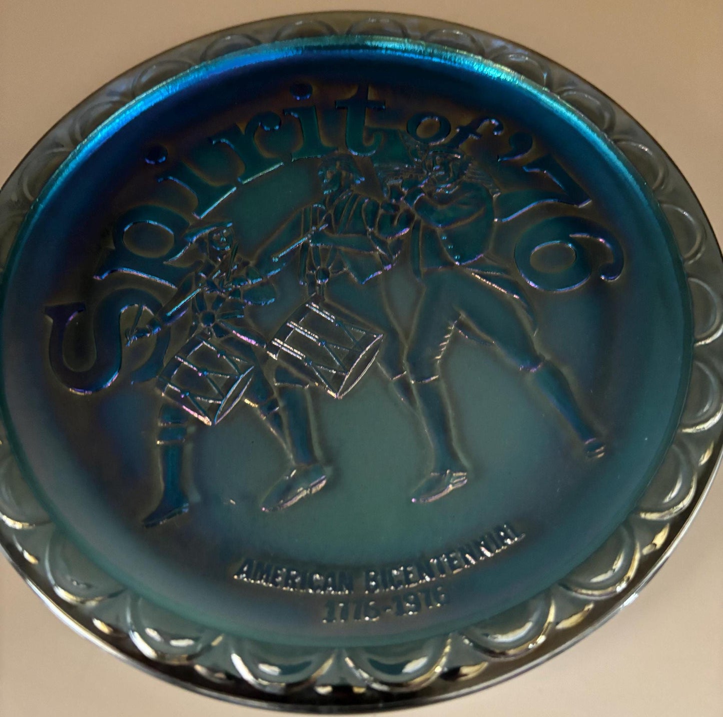 Vintage Fenton Carnival Glass Plate: Spirit of '76 Bicentennial, Iridescent Blue Purple
