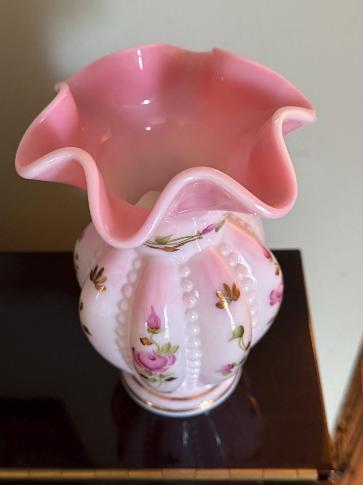 Fenton Rosalene Beaded Melon Vase, Charleton Rose Collection, Hand Painted By Linda Everson