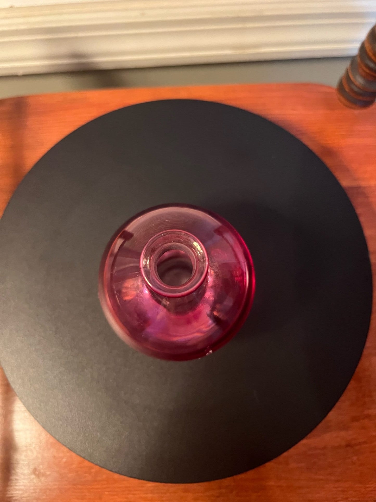 Vintage Cranberry Glass Decanter: Pink Flower Stopper, Art Glass Bottle