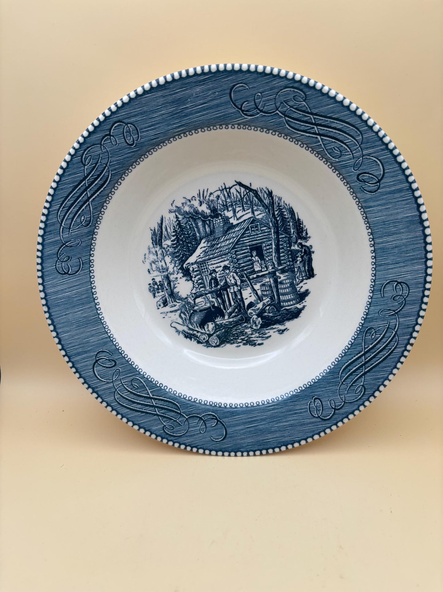 Vintage Currier & Ives by Royal China Bowl Blue White Outdoor Fire Side Near Cabin Scene Lover Antiques and Vintage