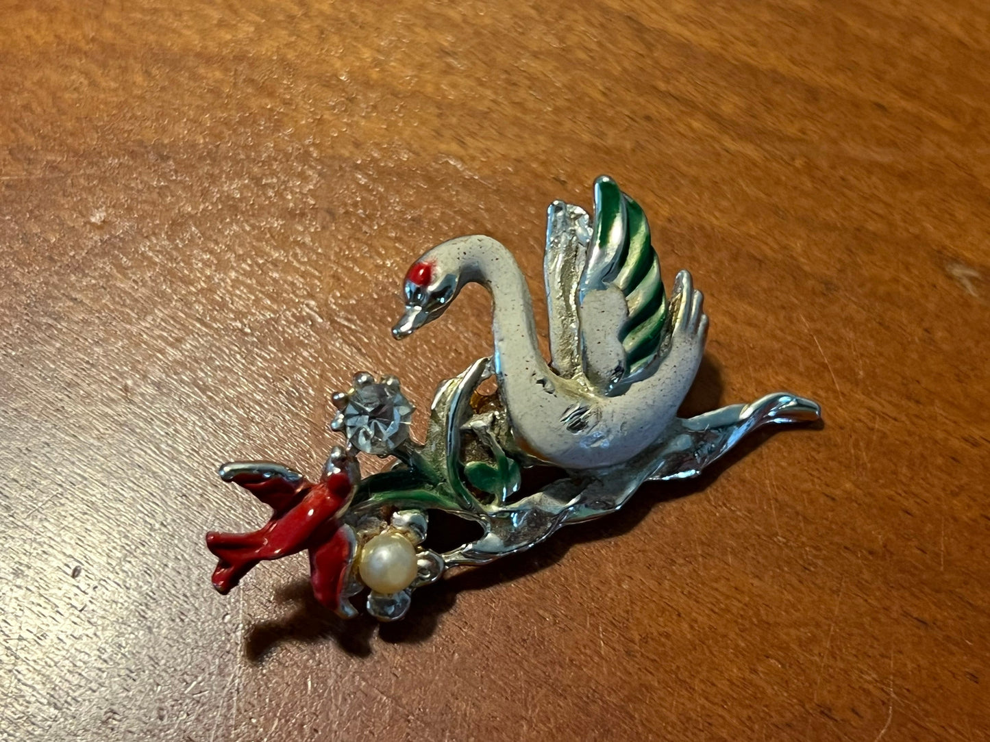 Vintage Silver Swan and Red Bird enamel pin brooch brooches pins estate jewelry Lover Antiques and Vintage