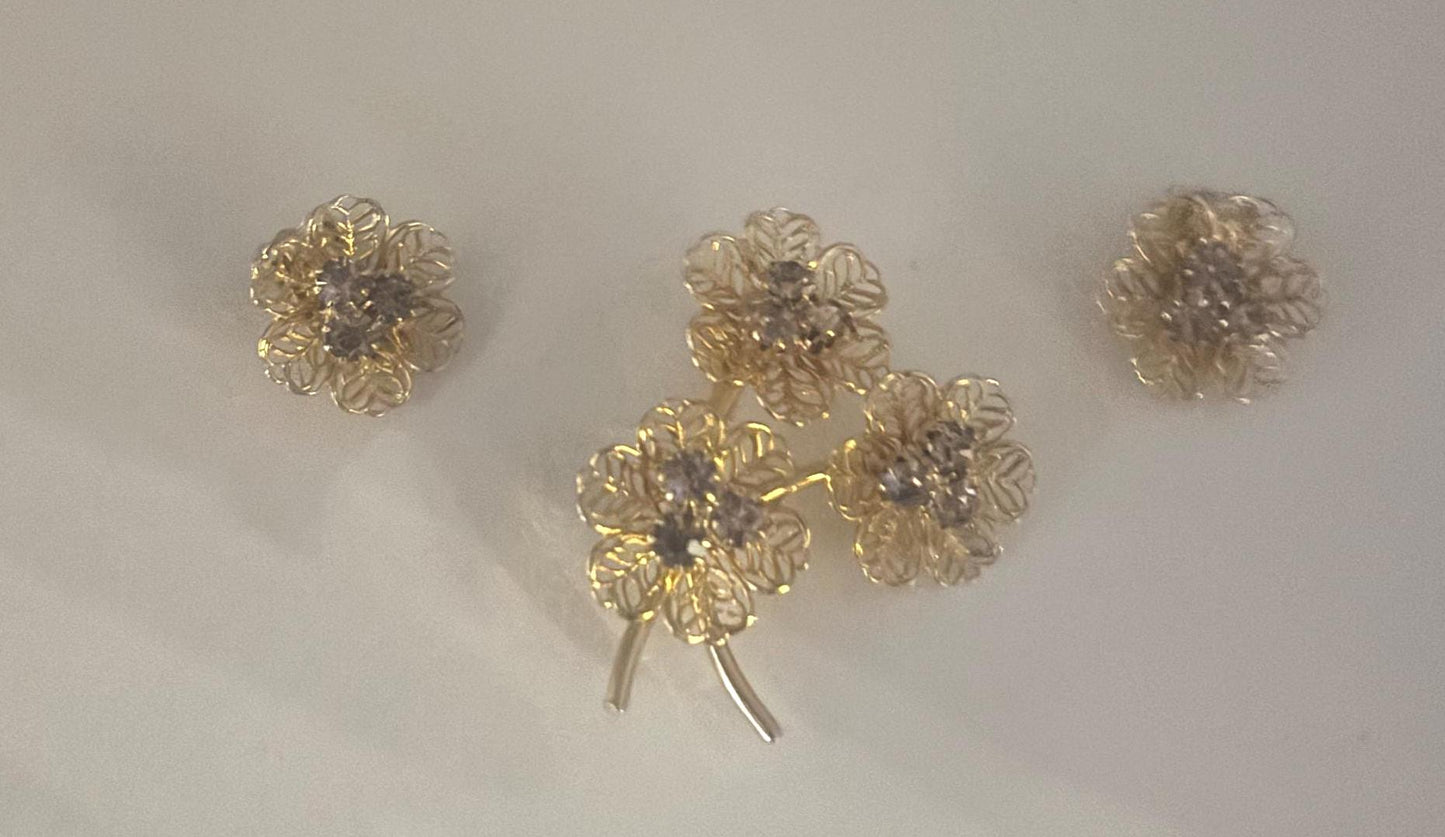 Sarah Coventry Allusion Gold Filligree Flower Brooch & Matching Earrings