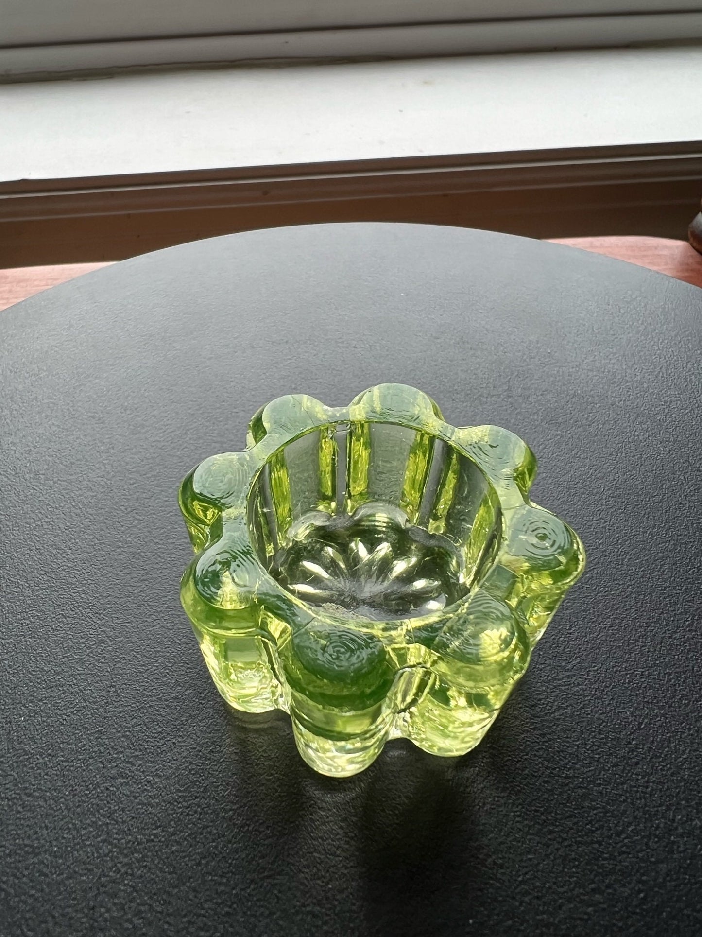 Vintage Uranium Glass Flower Salt Dish: Green Vaseline Glass