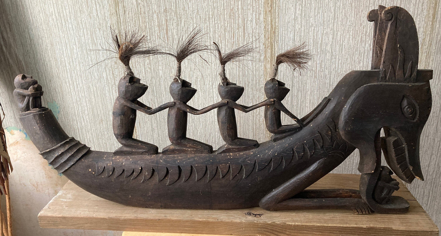 Vintage Hand Carved Dragon Boat with 6 Passengers Sculpture Wood Carving, Borneo Tribe Carving, Lover Antiques and Vintage
