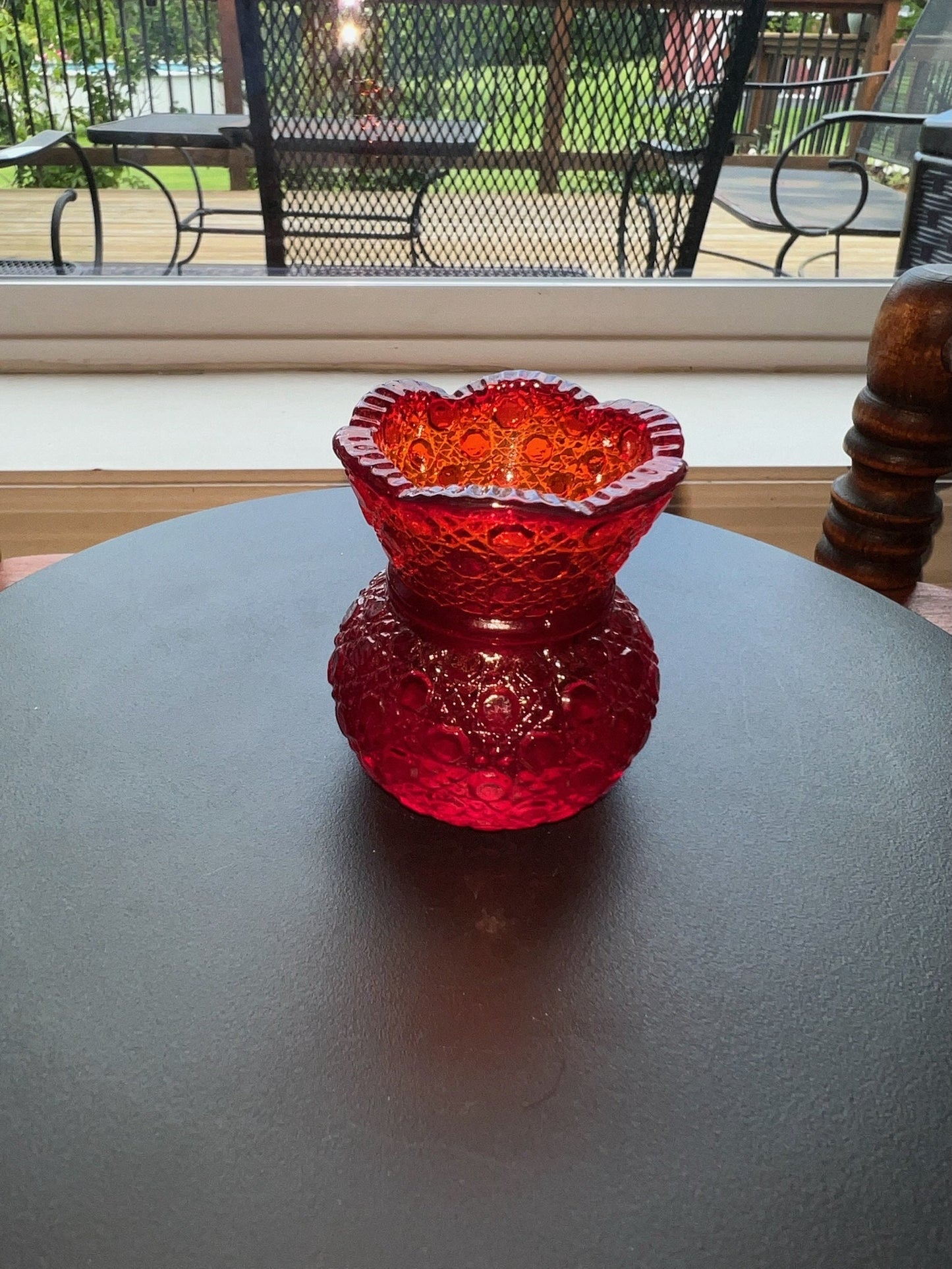 Vintage Ruby Red Amberina Cut Glass Toothpick Holder: Small Sugar Dish