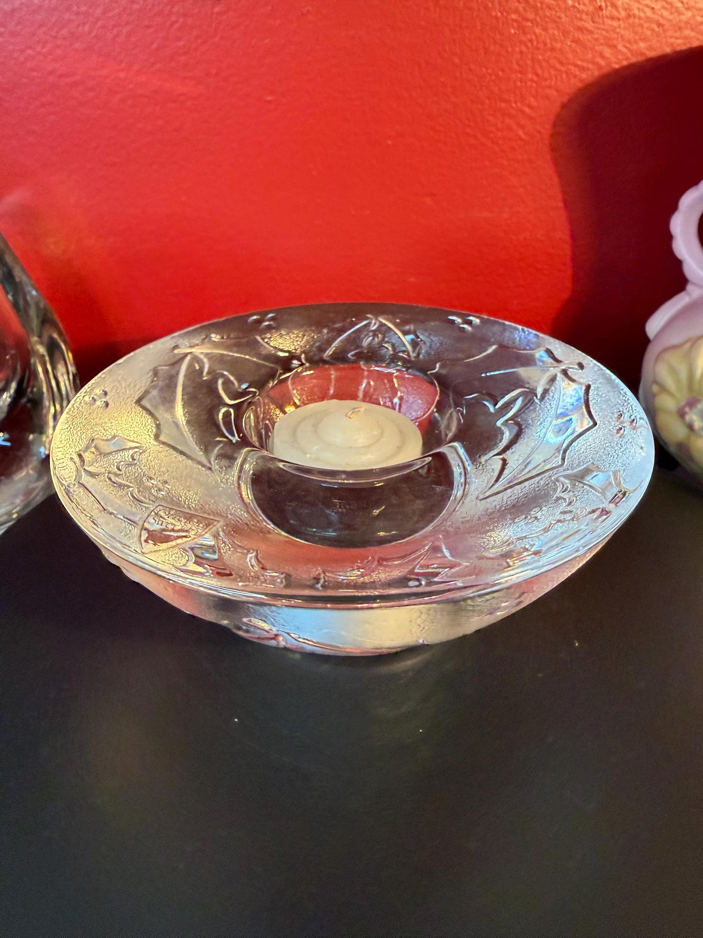 Vintage Glass Votive Candle Holder 5 Inch Wide 2 Inch High Embossed Design