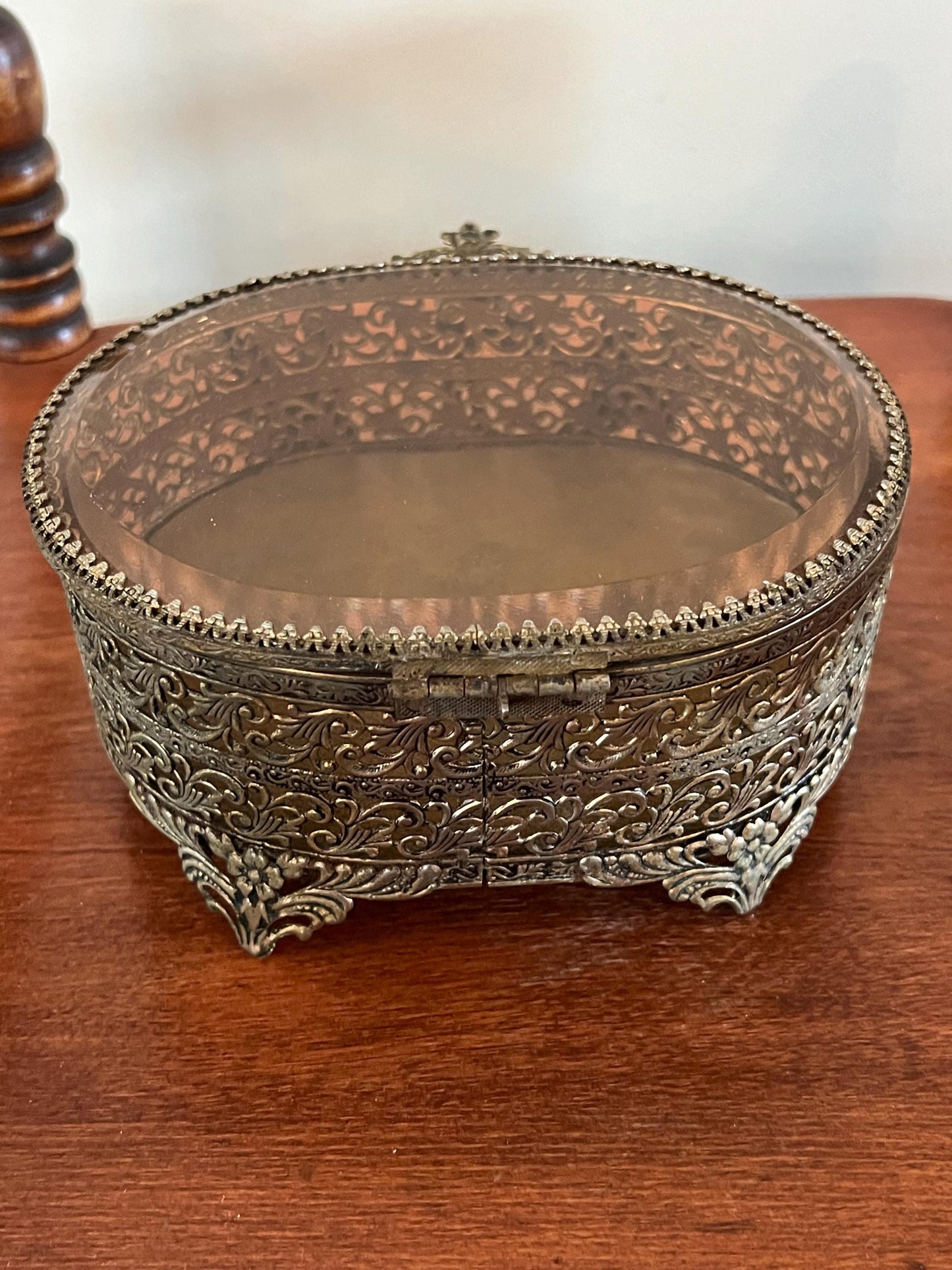 Vintage Angel Trinket Box: Gold Filigree Beveled Glass Casket