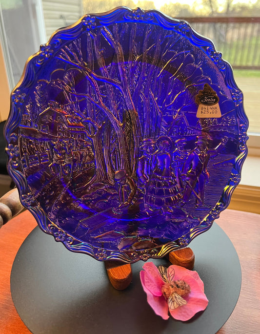 Vintage Fenton Winter Pastime Plate: Carnival Iridescent Purple Blue Glass