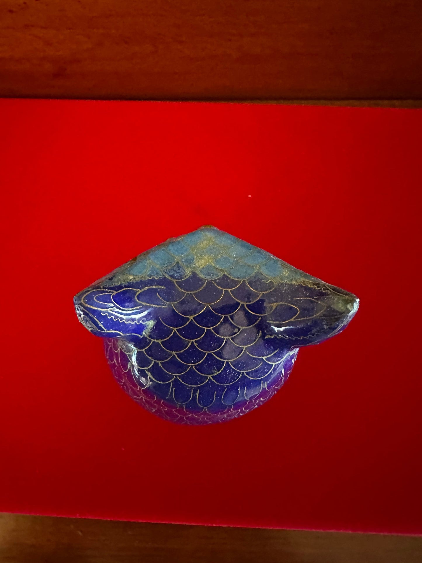 Vintage Cloisonné Enamel Owl Statue: Cobalt Blue & Brass