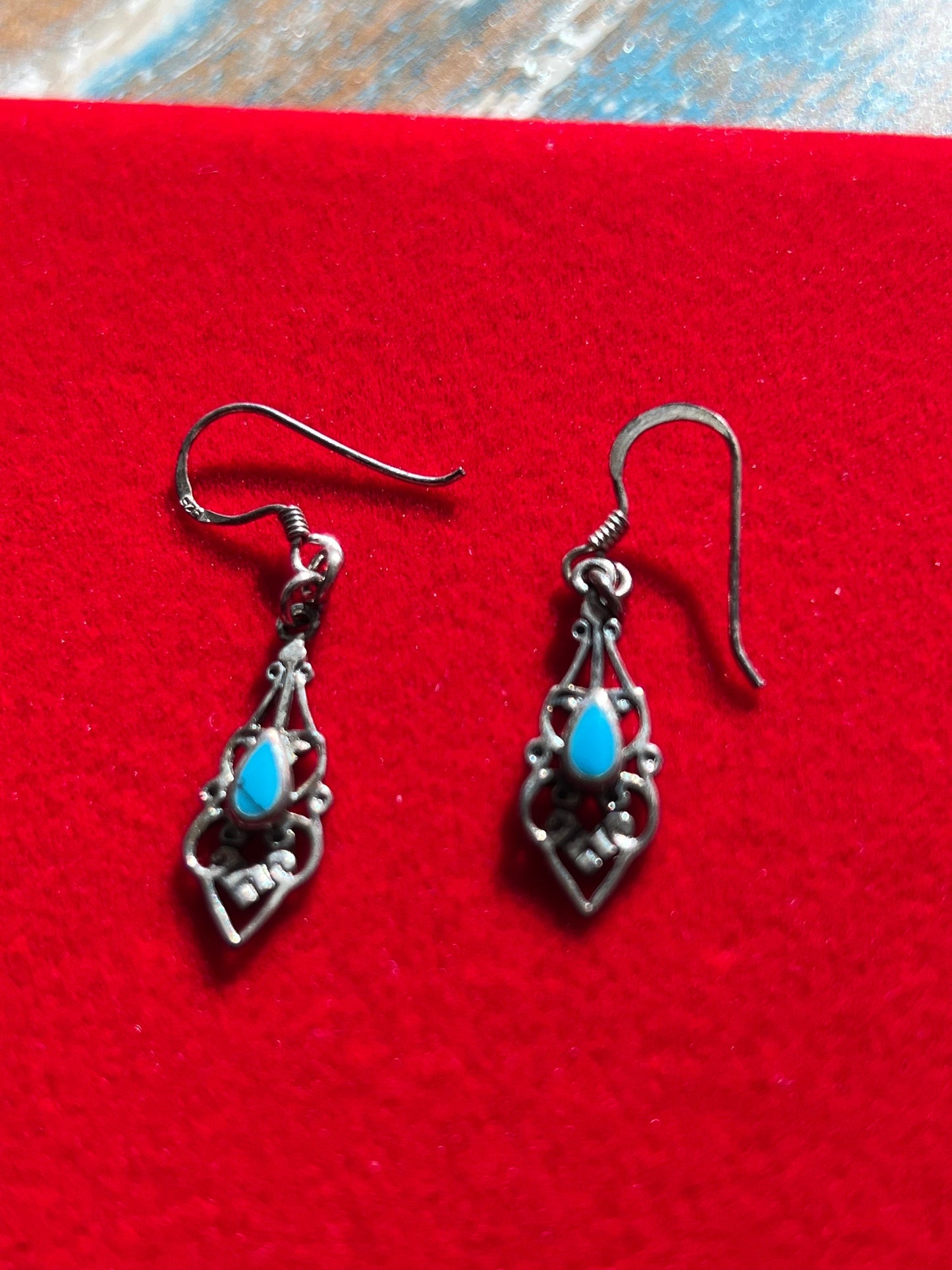 Vintage Silver Turquoise Dangle Earrings: Swirl Design