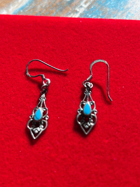 Vintage Silver Turquoise Dangle Earrings: Swirl Design