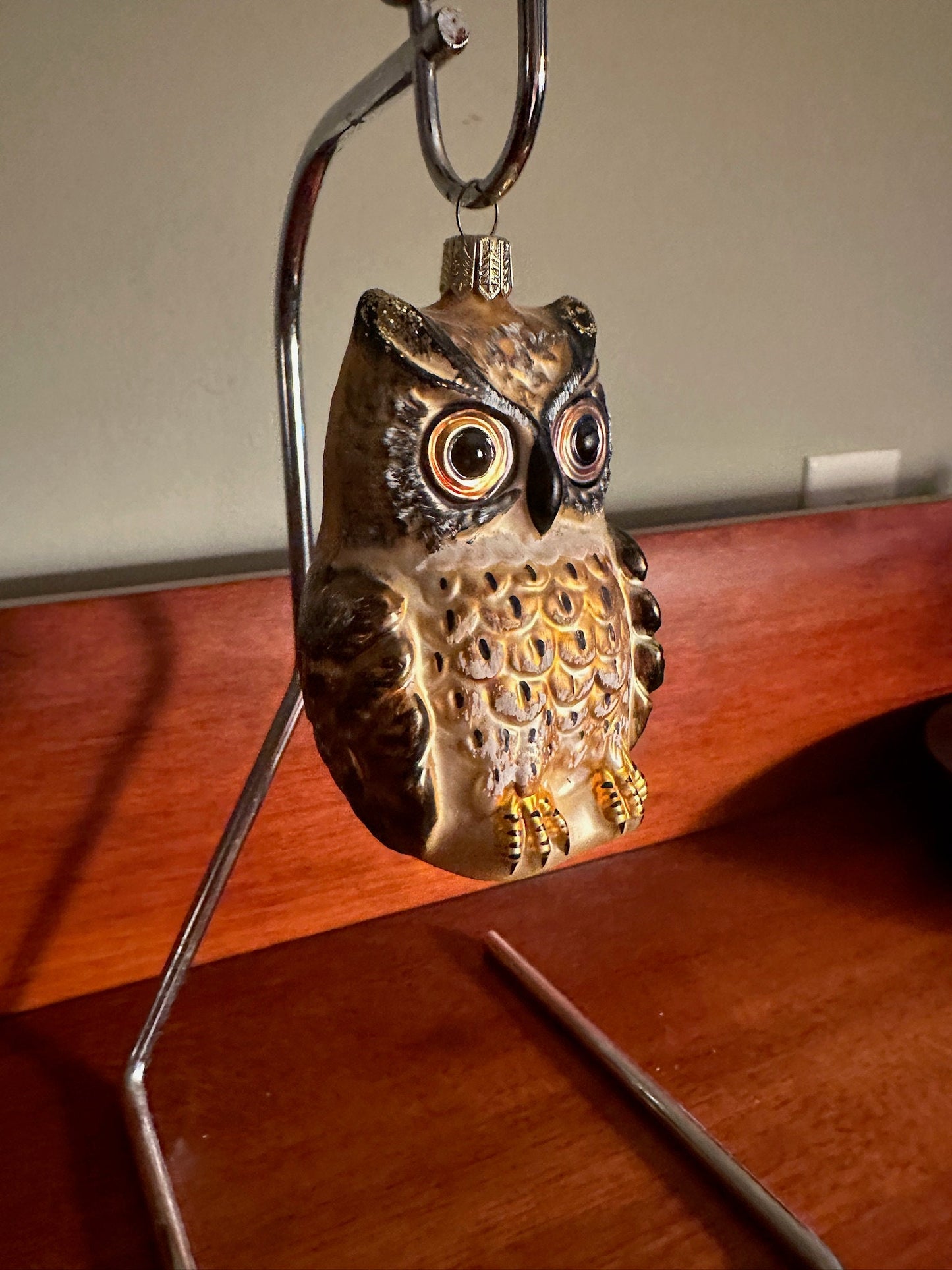 Vintage Brown Glass Owl Ornament - Made in Poland