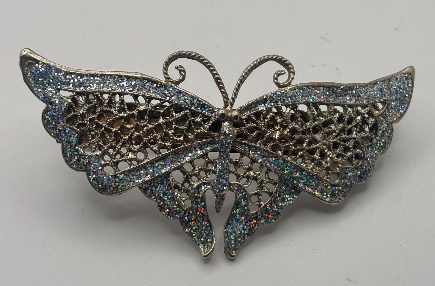 Elegant Butterfly Hair Clip, Butterfly Barrette Circa 1940's, French Silver Glass Stones