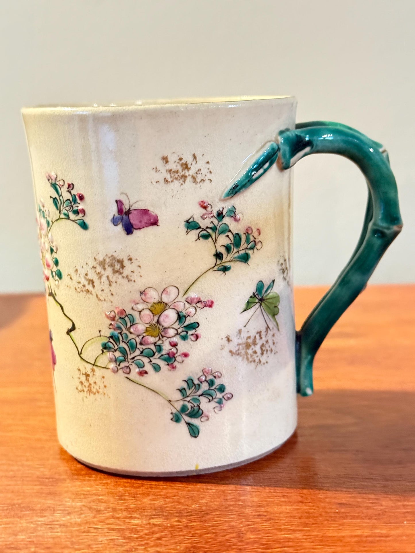 Antique Japanese Satsuma Pottery Cup With Green Handle Hand Painted early 20th Century Lover Antiques and Vintage