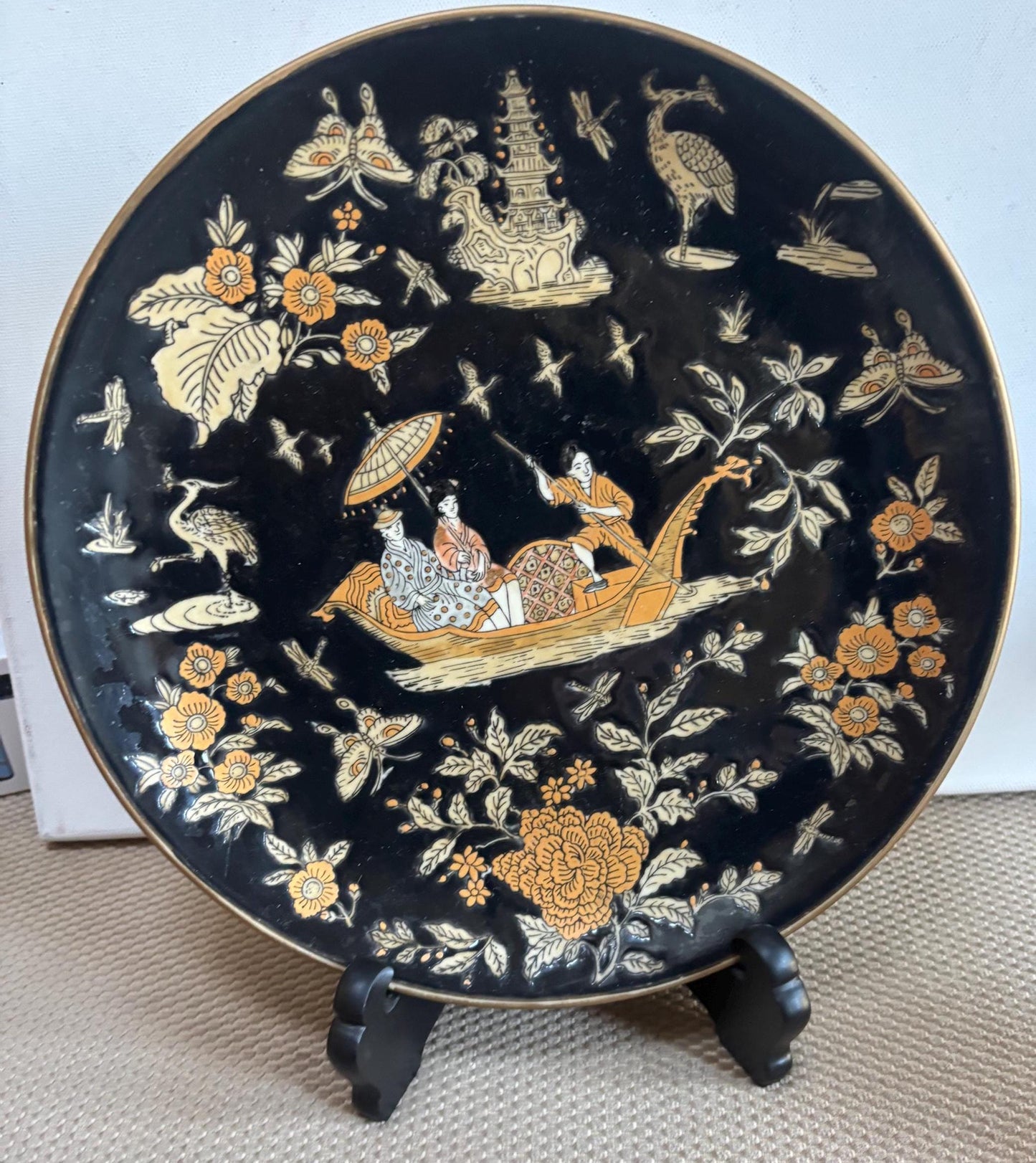Vintage Sevres Porcelain Plate with Chinoiserie Design Chinese Plate with Stand Black Background with Gold Trim Lover Antiques and Vintage