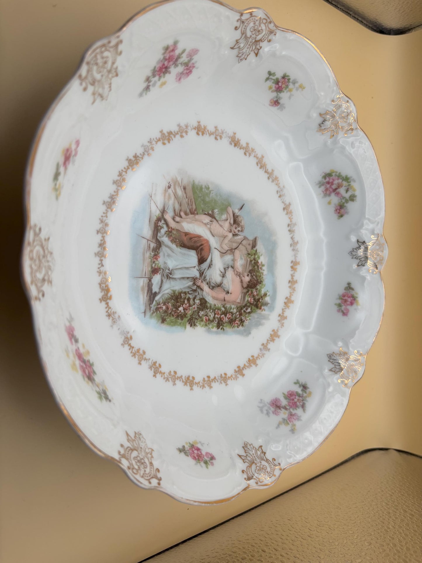 Antique Zeh Scherzer Bavaria Porcelain Bowl Z.S. & Co Plate Cupid and Maiden Surrounding Flowers Design Lover Antiques and Vintage