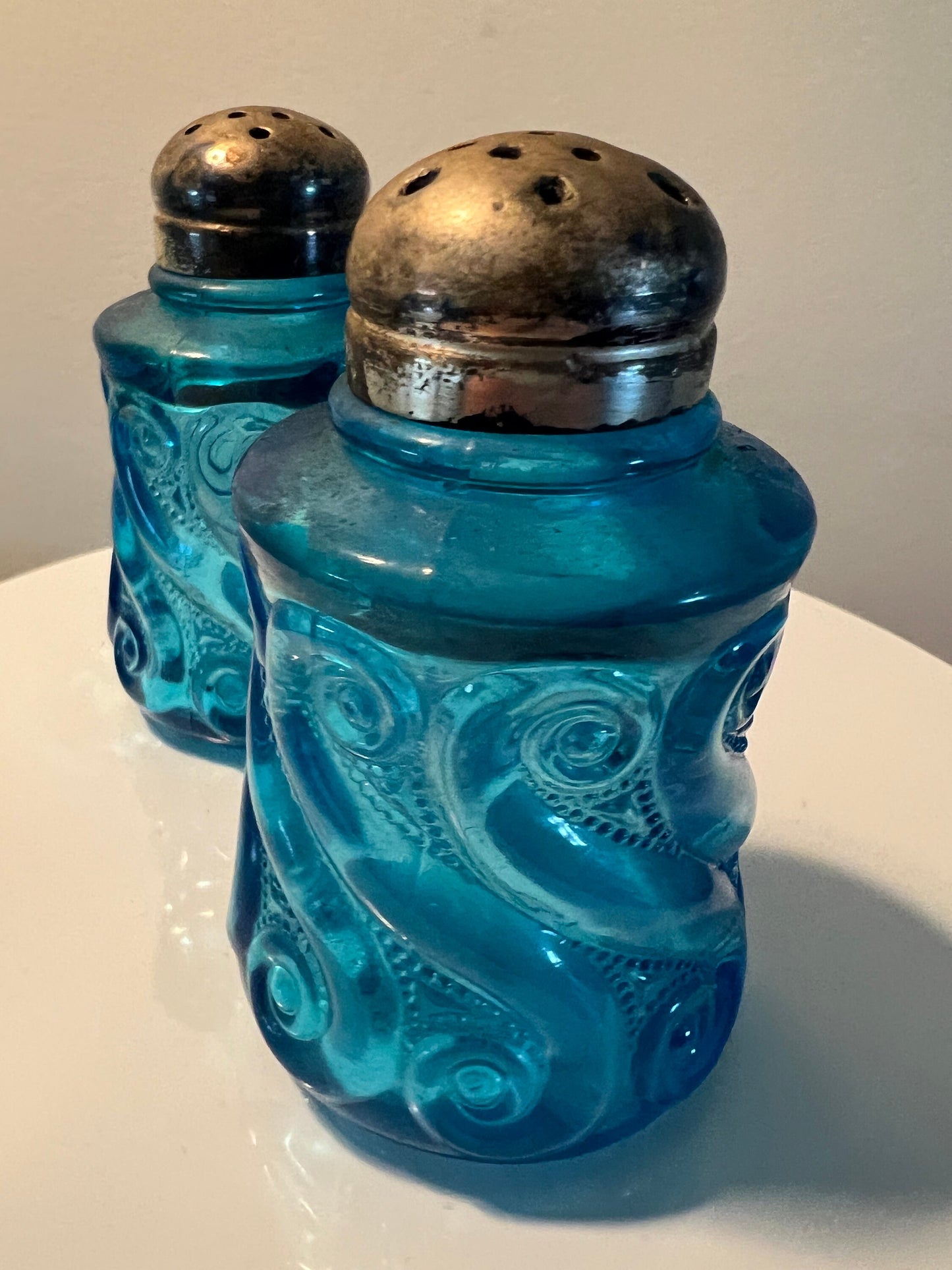Antique EAPG Blue Glass Salt and Pepper Shakers: National Dugan S. Repeat Pattern