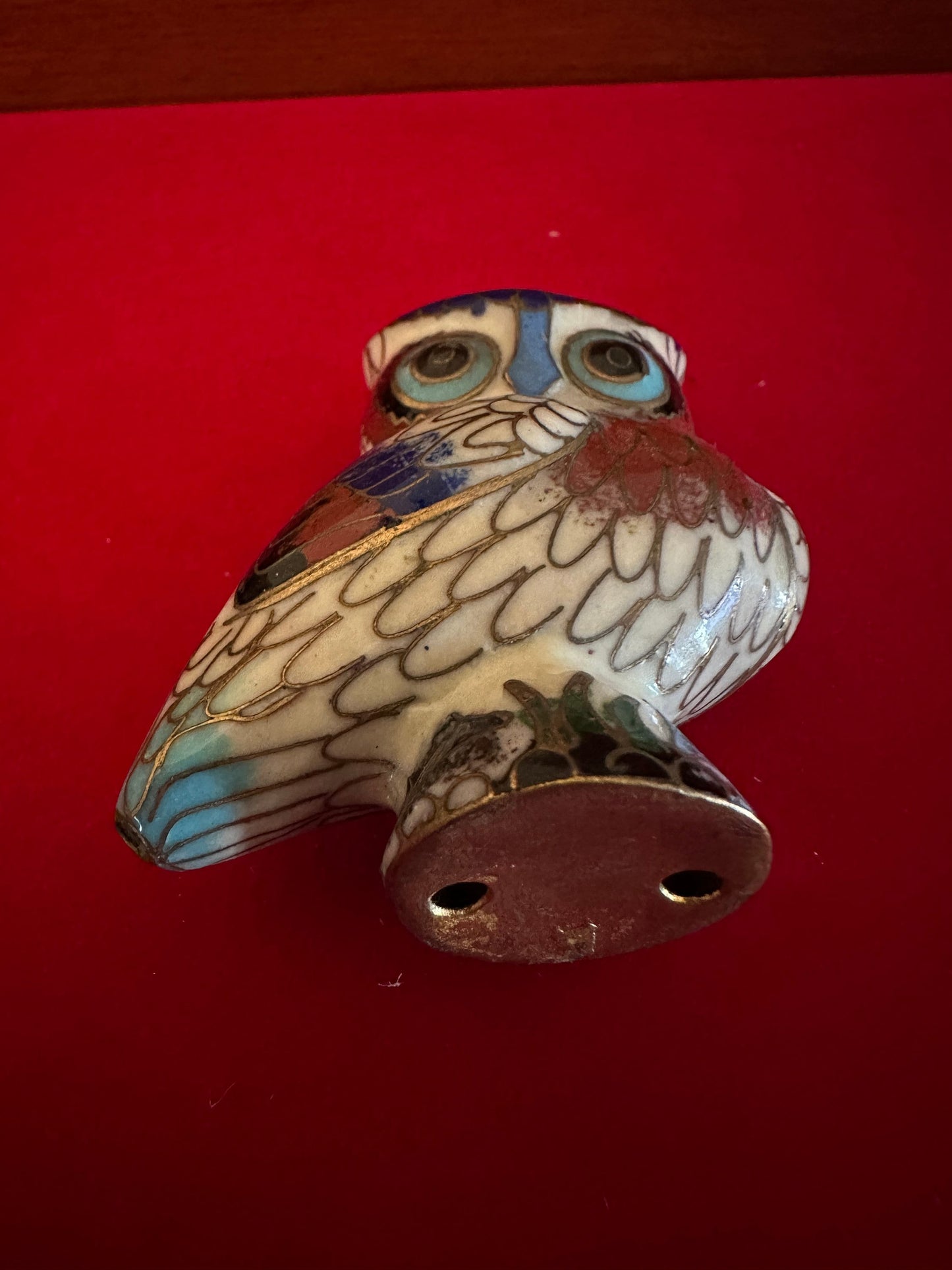 Vintage Cloisonné Enamel Owl Figurine: Cobalt Blue Brass Statue