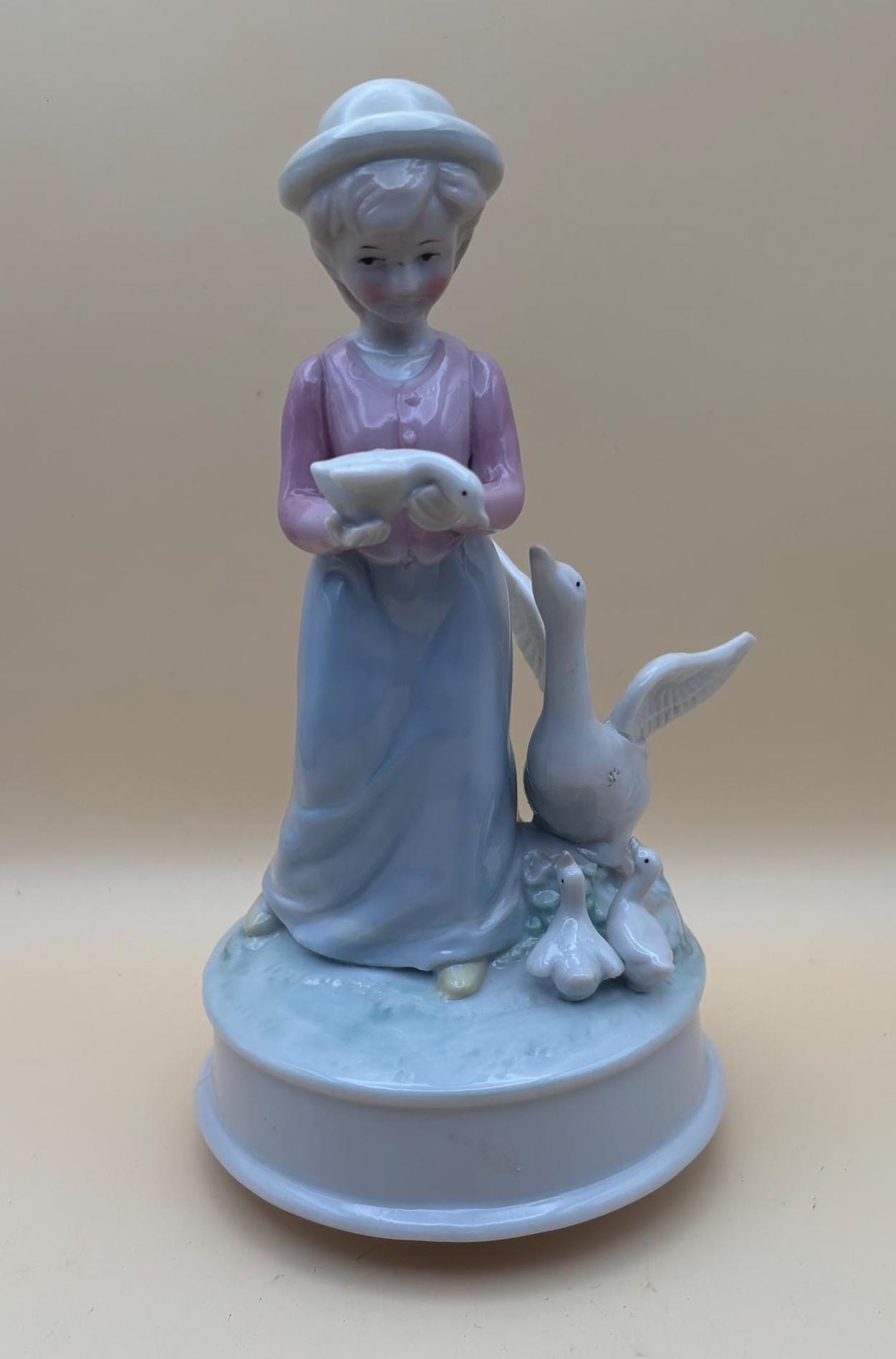 Vintage Woman with Geese Music Box Statue Hand Painted Figurine Lover Antiques and Vintage