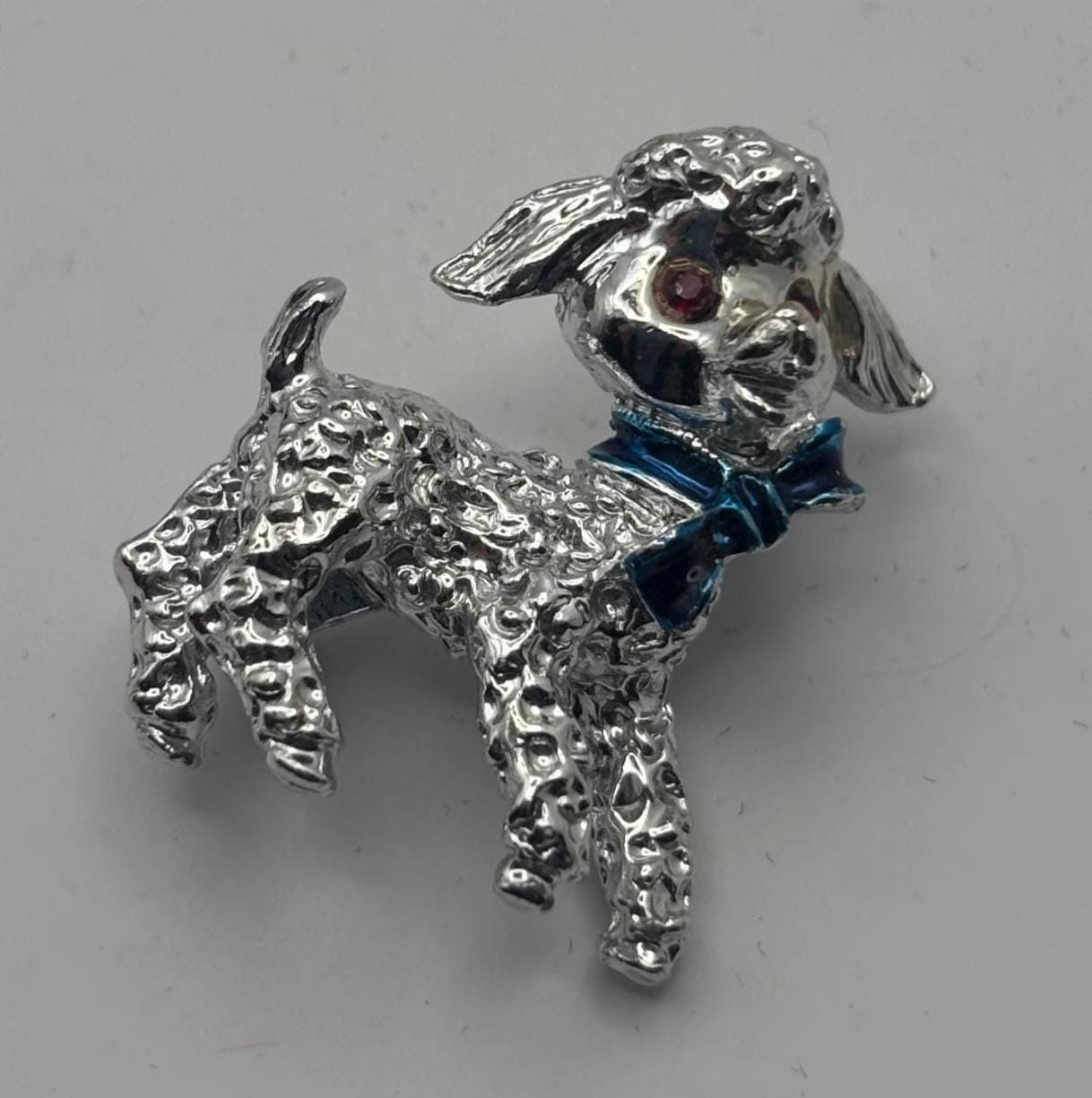 Silver Lamb Pin with Red Rhinestone Eyes and Blue Bow, Little Lambie Pin