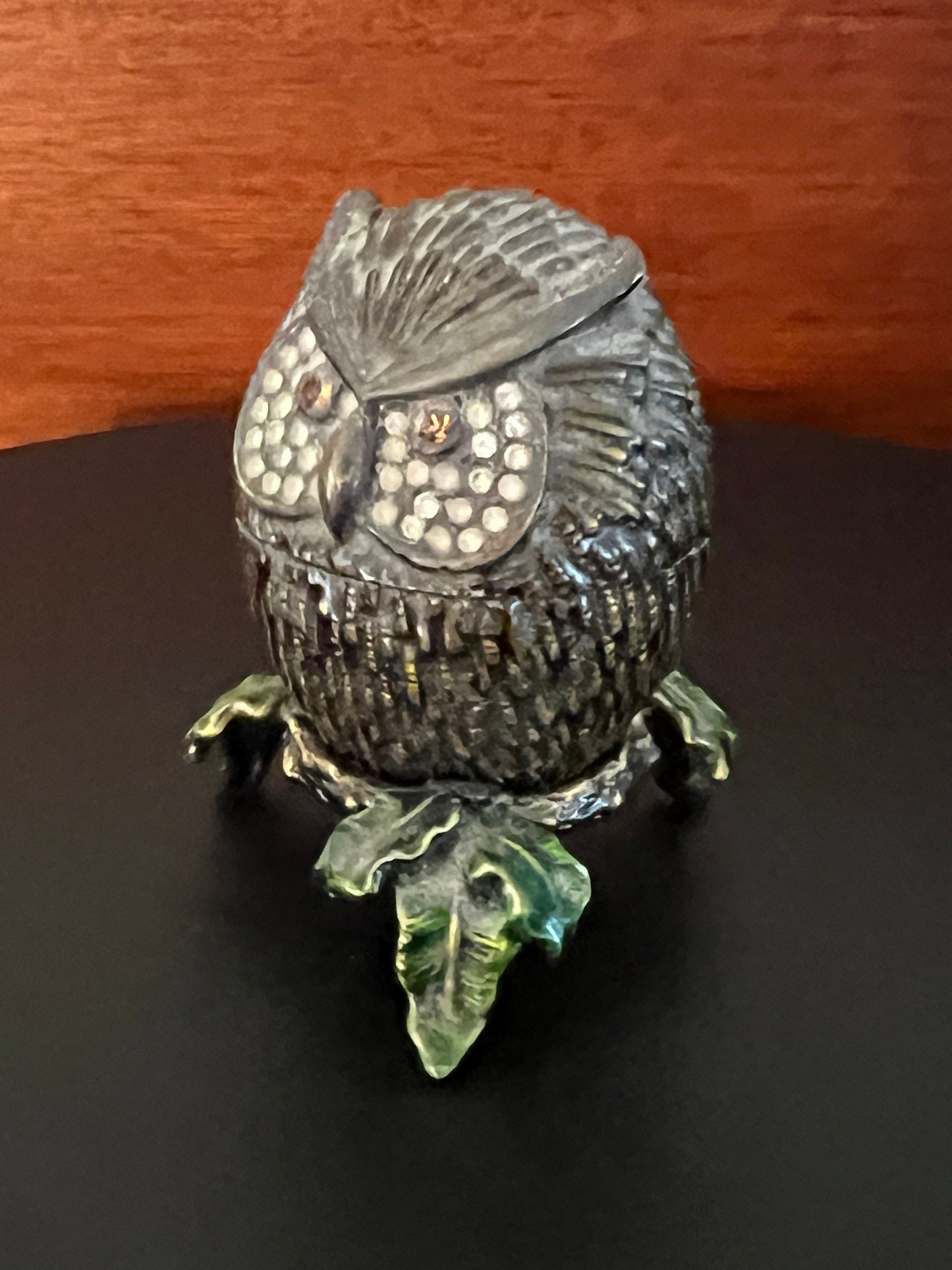 Vintage Owl Trinket Box: Jeweled Metal Owl on Leaf Stand