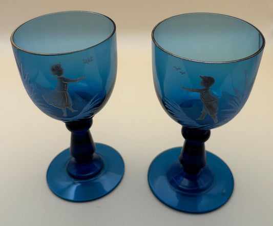 Vintage Blue Mary Gregory Wine Glasses Westmoreland Lover Antiques and Vintage