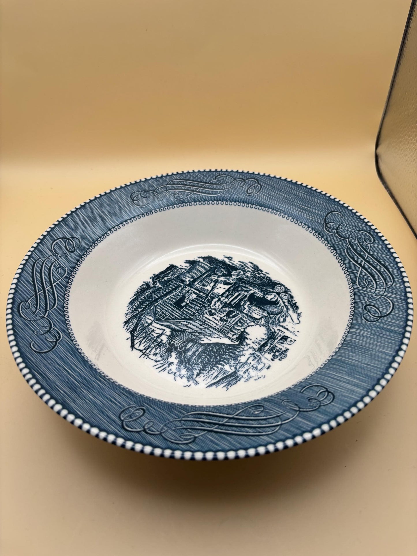 Vintage Currier & Ives by Royal China Bowl Blue White Outdoor Fire Side Near Cabin Scene Lover Antiques and Vintage