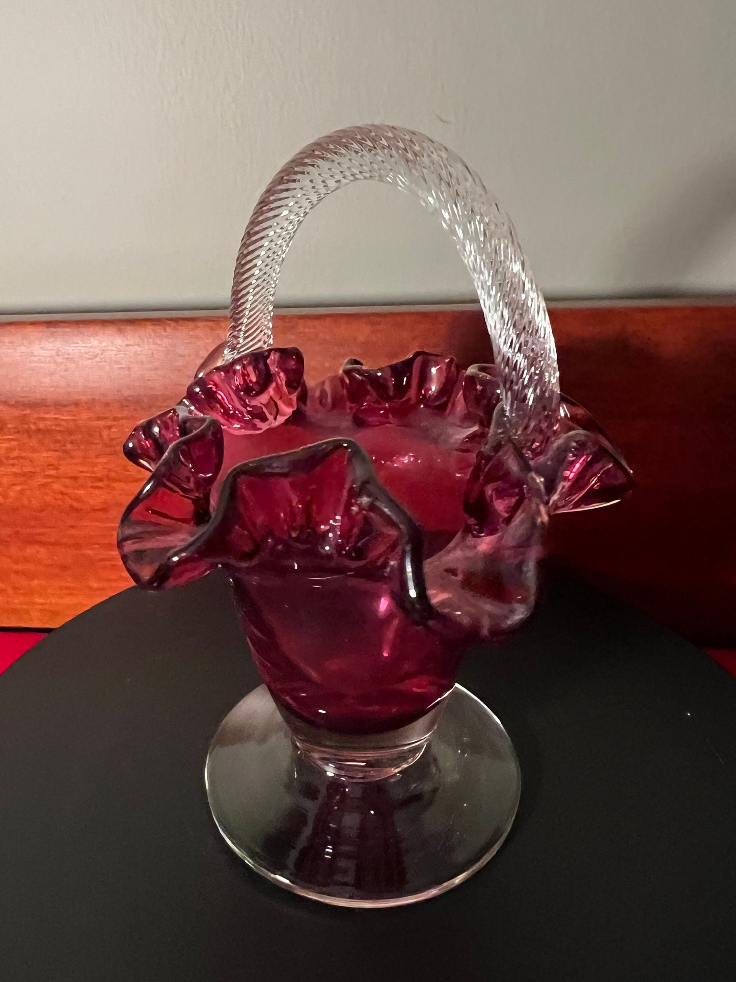 Vintage Fenton Cranberry Glass Ruffled Basket with Handle