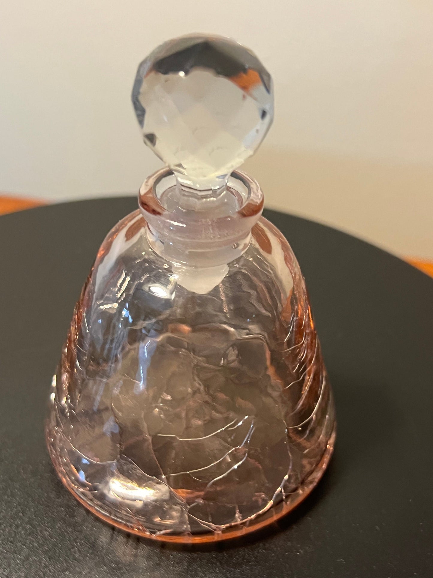 Vintage Pink Crackle Glass Perfume Bottle with Ball Stopper