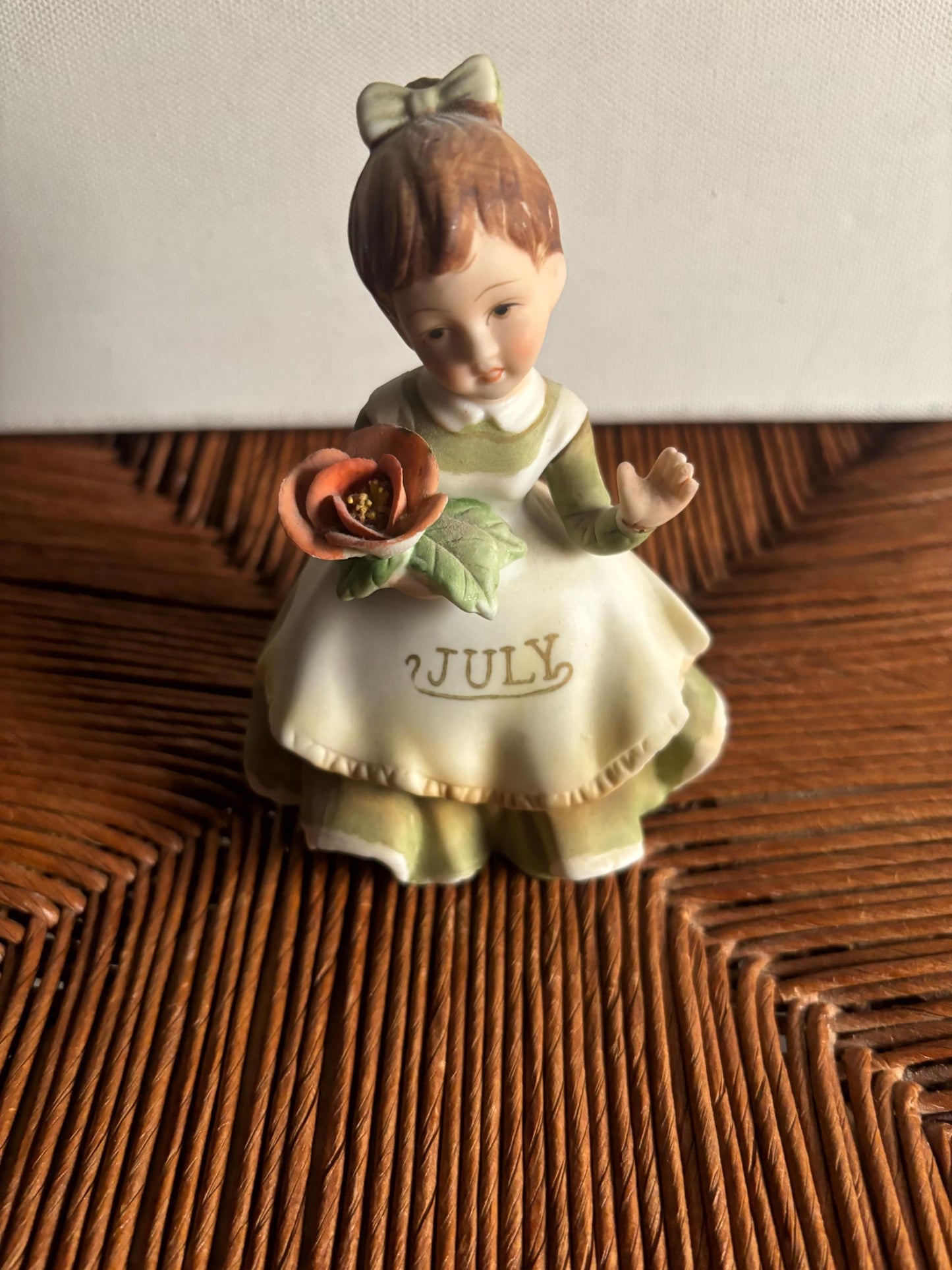 Vintage Lefton July Birthday Girl Porcelain Figurine Carrying A Red Rose Hand Painted Figure Japanese KW 4200 Lover Antiques