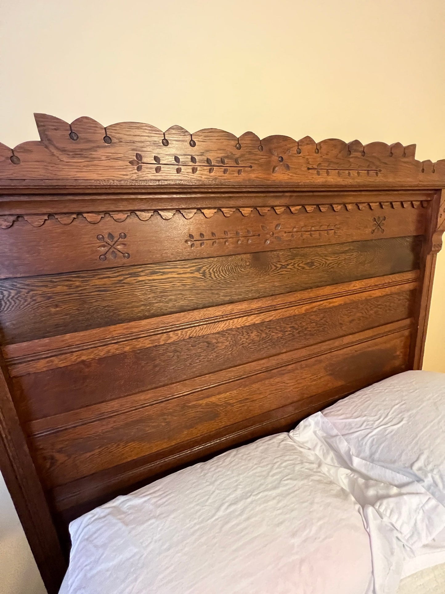 Antique Carved Oak Wood Full Size Bed Headboard, Footboard