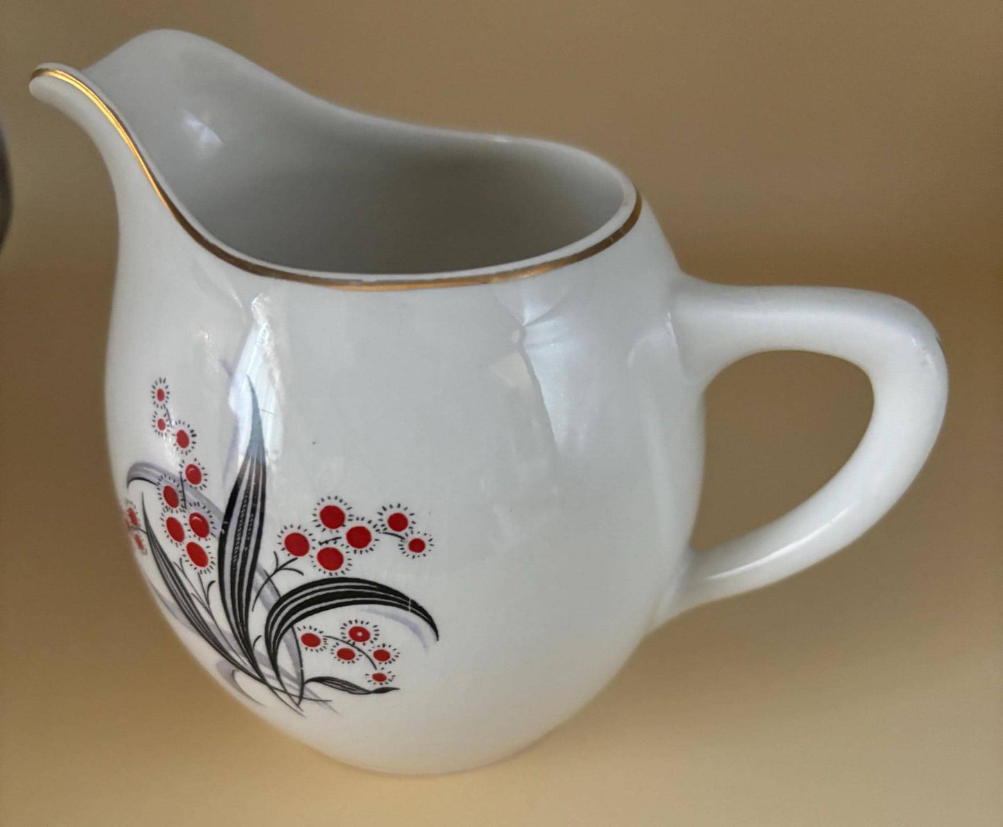 Vintage Wedgwood & CO.LTD. Creamer Made in England Porcelain Gray Black Leaves Red Dot Floral Gold Gild Trim Lover Antiques and Vintage