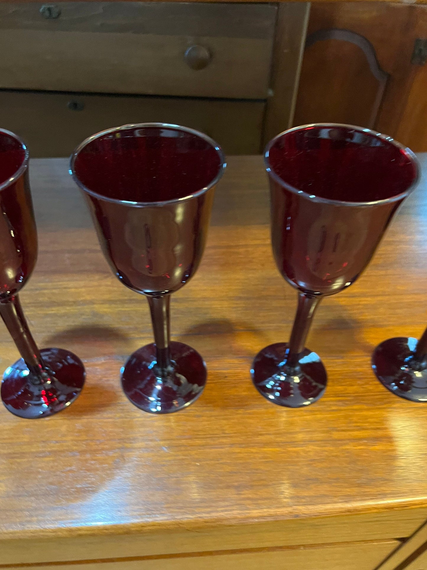 Vintage Ruby Red Glass Tall Glasses Set of 5 Art Glasses 12.5” high 3.5” wide at the top