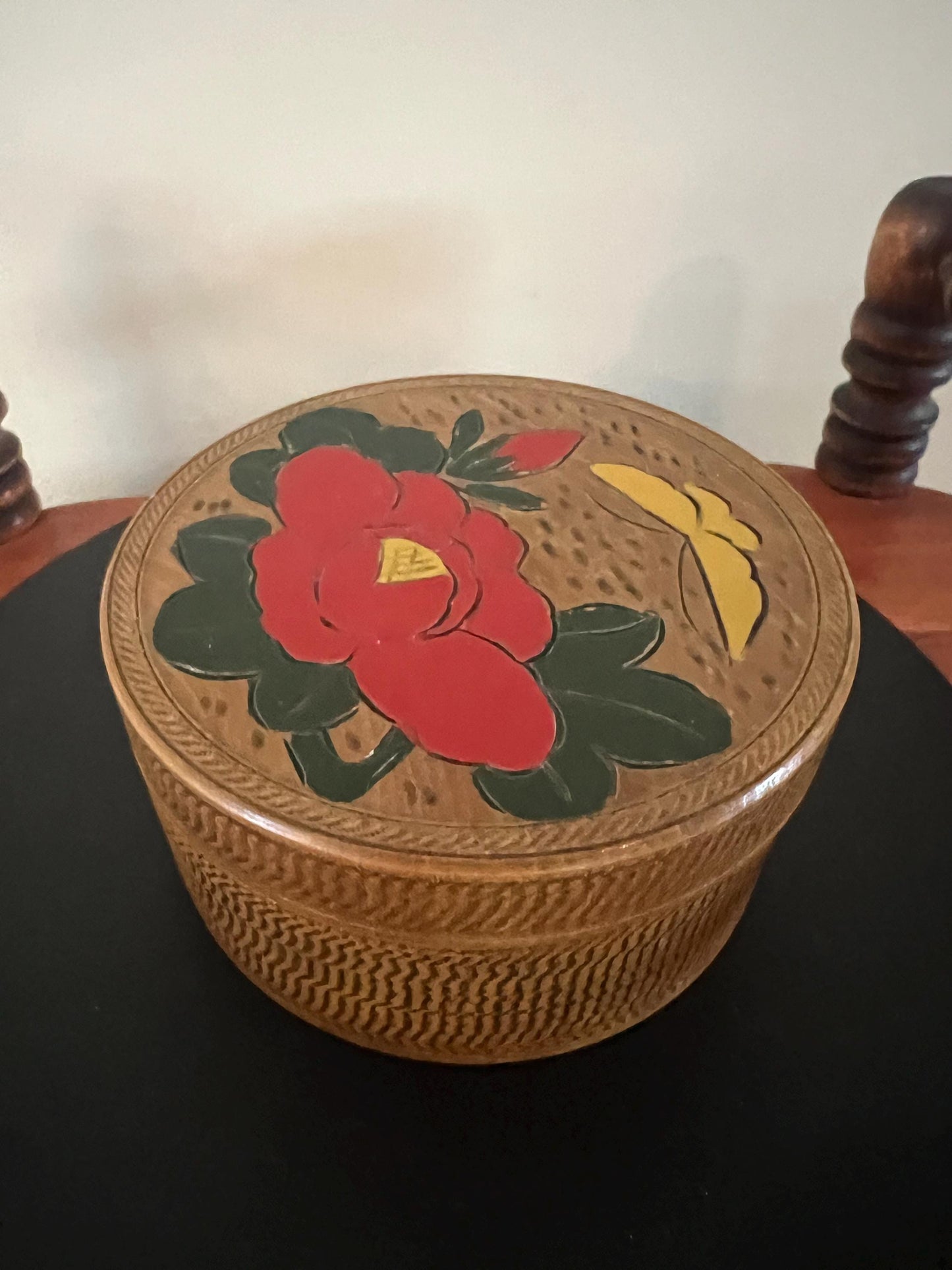 Vintage Japanese Wood Coaster Set: Hand-Painted Floral Box