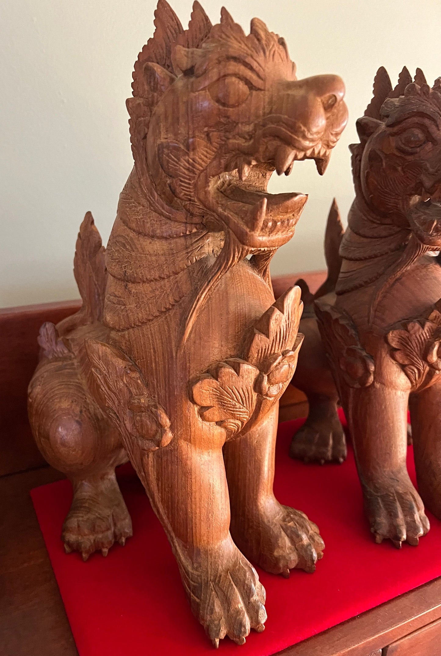 Vintage Carved Teak Foo Dogs: Hong Kong Statues, Set of 2