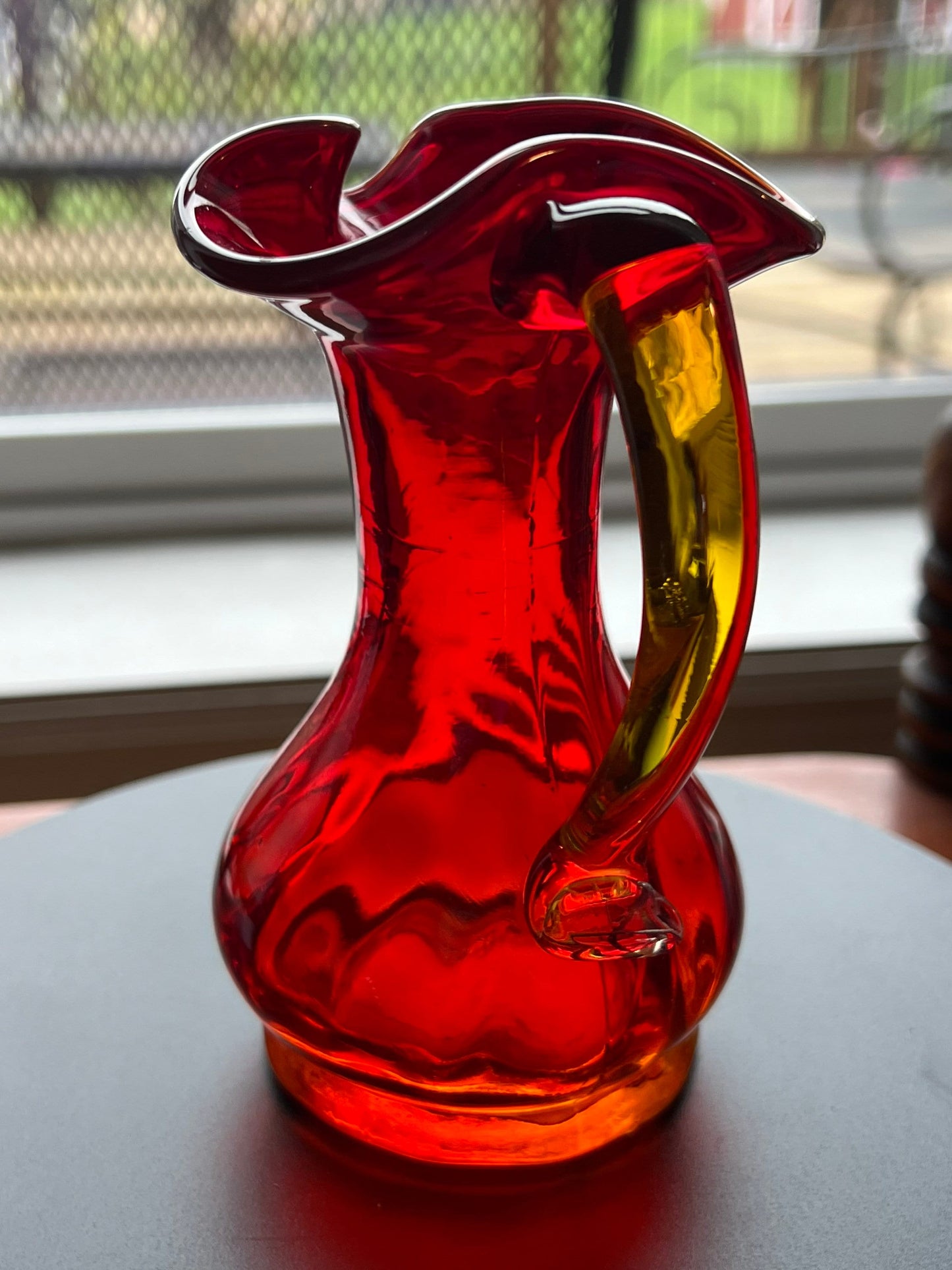 Vintage Kanawha Amberina Glass Pitcher: Red & Yellow Bud Vase, 5”