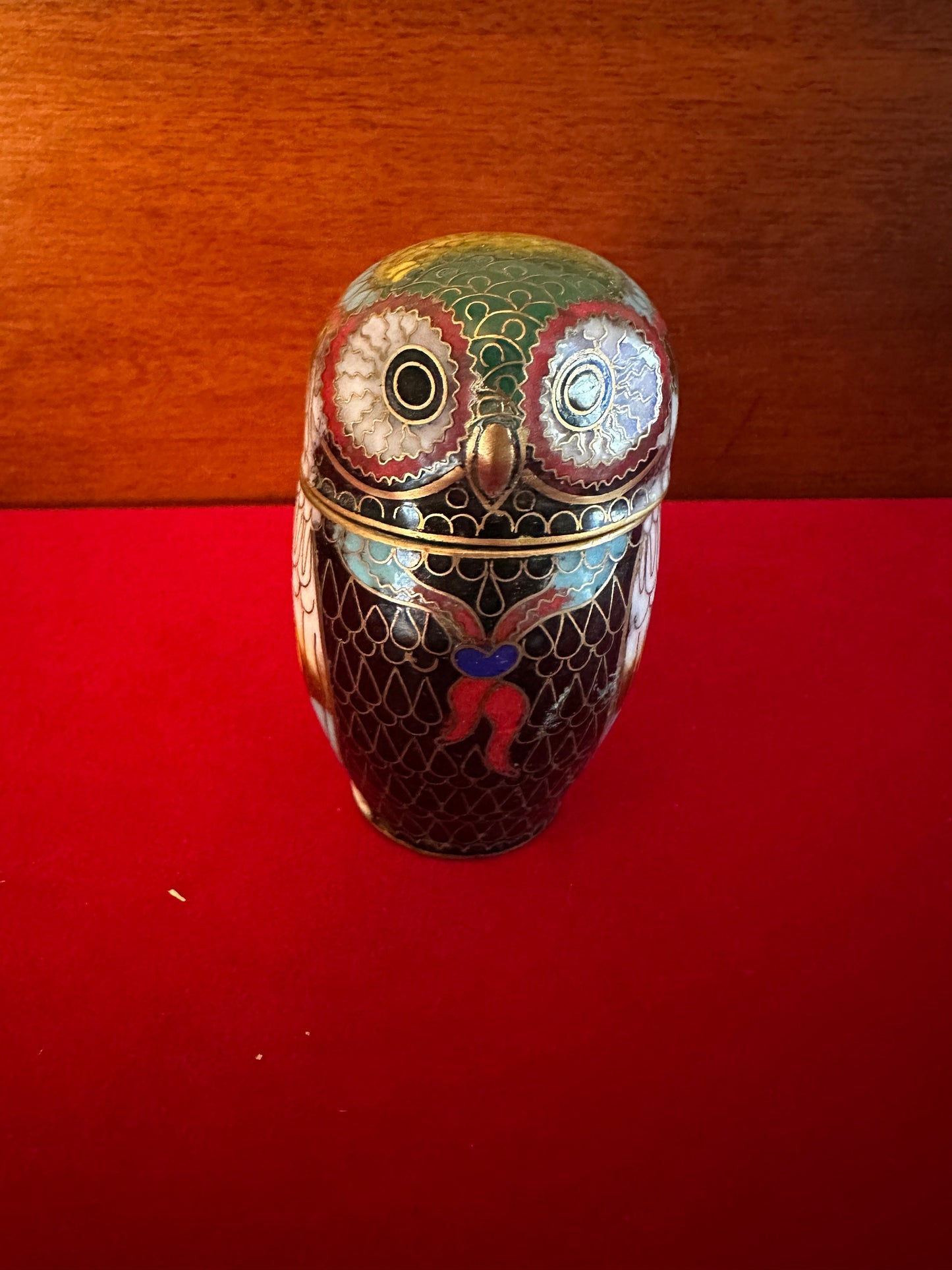 Vintage Cloisonné Enamel Owl Trinket Box with Brass Base