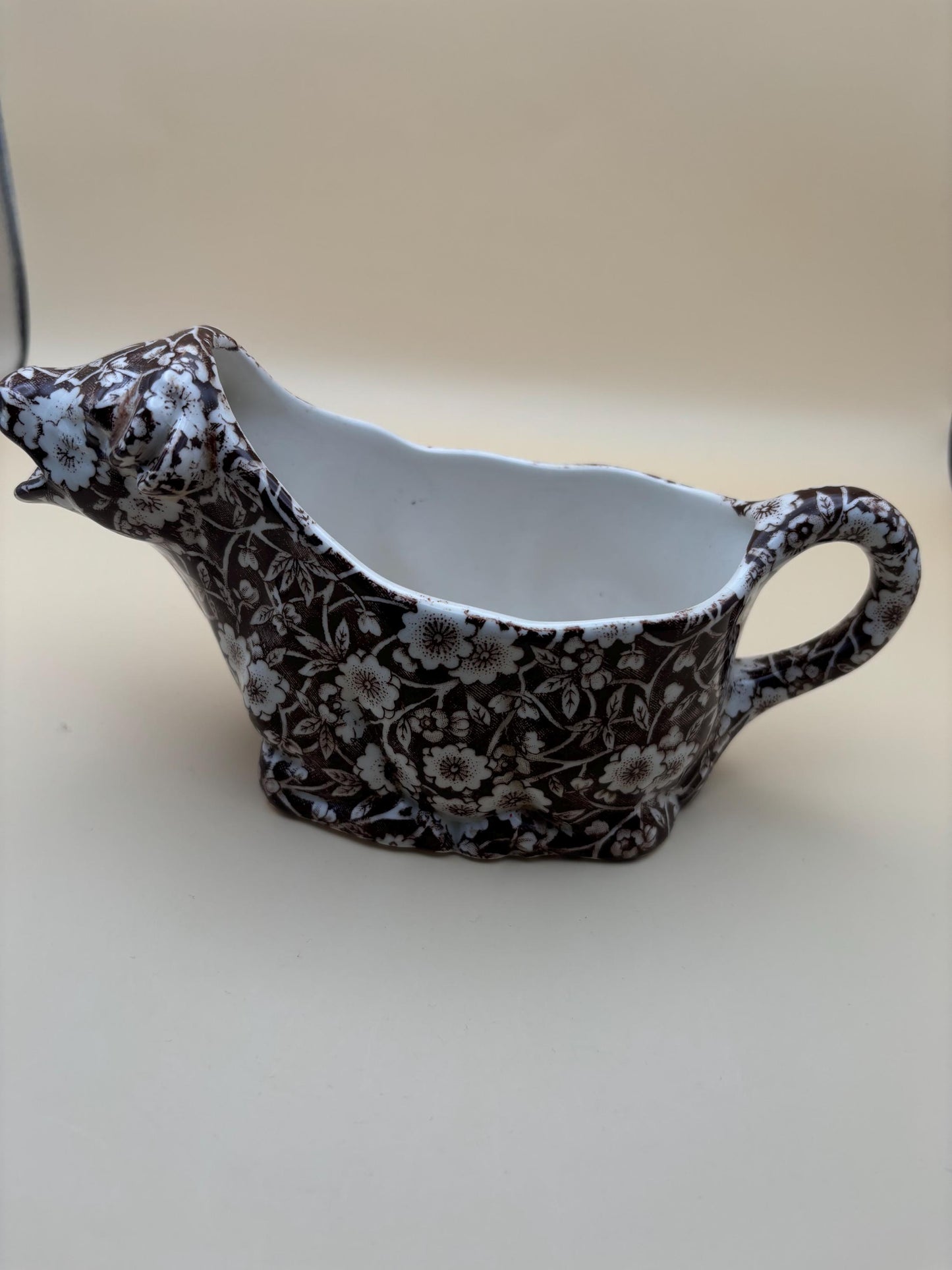 Vintage Royal Crownford Ironstone England Brown and White Floral Transferware Cow Creamer Lover Antiques and Vintage