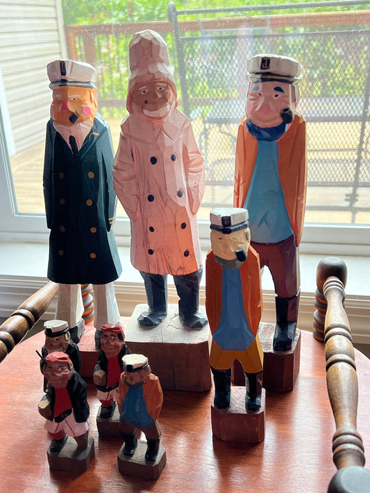 Vintage Collection of Carved wooden Sailors, Boats Folk Art Wood Nautical Decor Boating Pirate Figurine Wood Statues Figurines Art