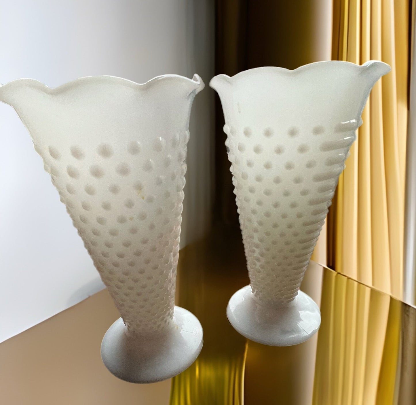 Vintage Hobnail White Ruffled Vase, Pair of White Milk Glass Vases, Lover Antiques and Vintage