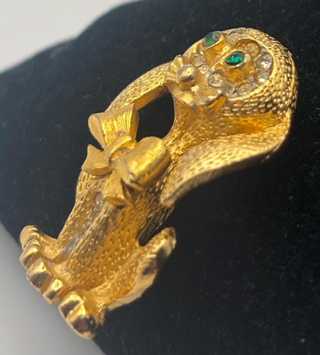 Gold Puppy with Green Rhinestone Eyes Pin, Dog with Bow Brooch, Signed SAO